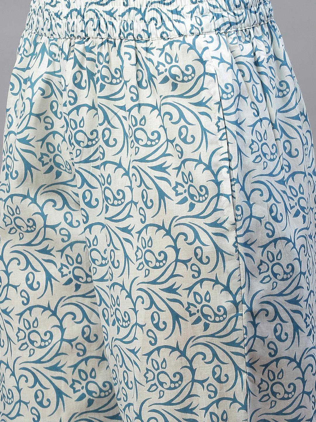 Turquoise Blue Cotton Floral Printed Kurta Pant Set With Dupatta | LASVINI - Redefining Indian Fashion with Elegance