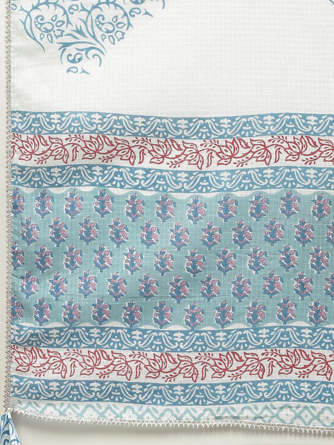 Turquoise Blue Cotton Floral Printed Kurta Pant Set With Dupatta | LASVINI - Redefining Indian Fashion with Elegance