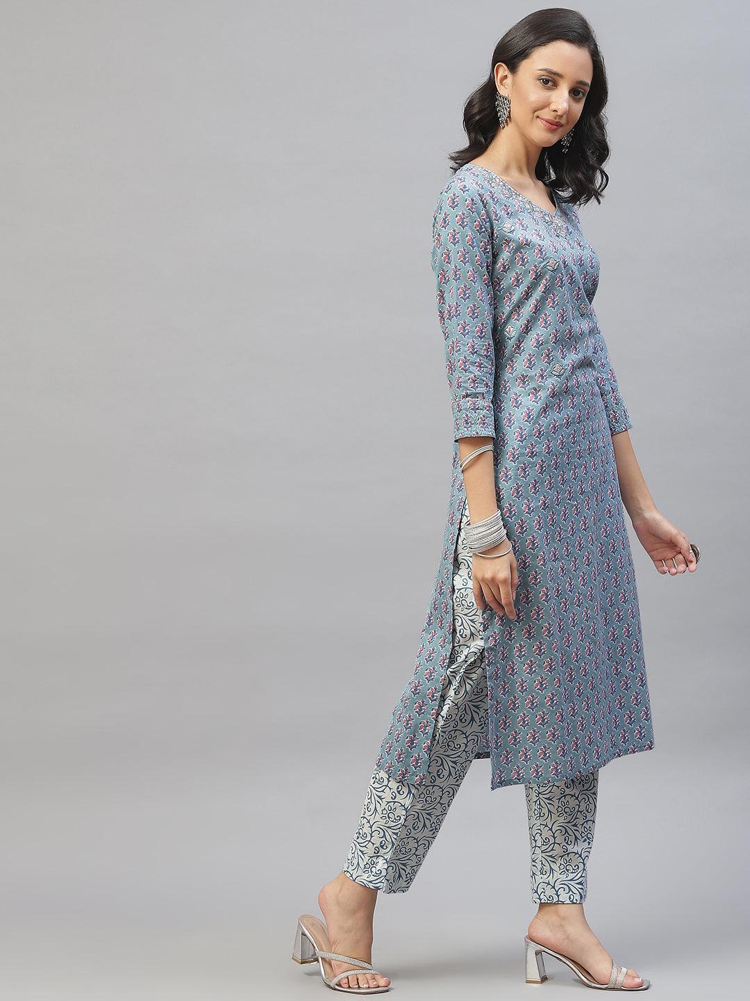 Turquoise Blue Cotton Floral Printed Kurta Pant Set With Dupatta | LASVINI - Redefining Indian Fashion with Elegance