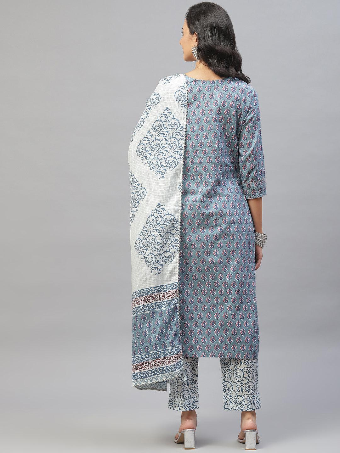 Turquoise Blue Cotton Floral Printed Kurta Pant Set With Dupatta | LASVINI - Redefining Indian Fashion with Elegance