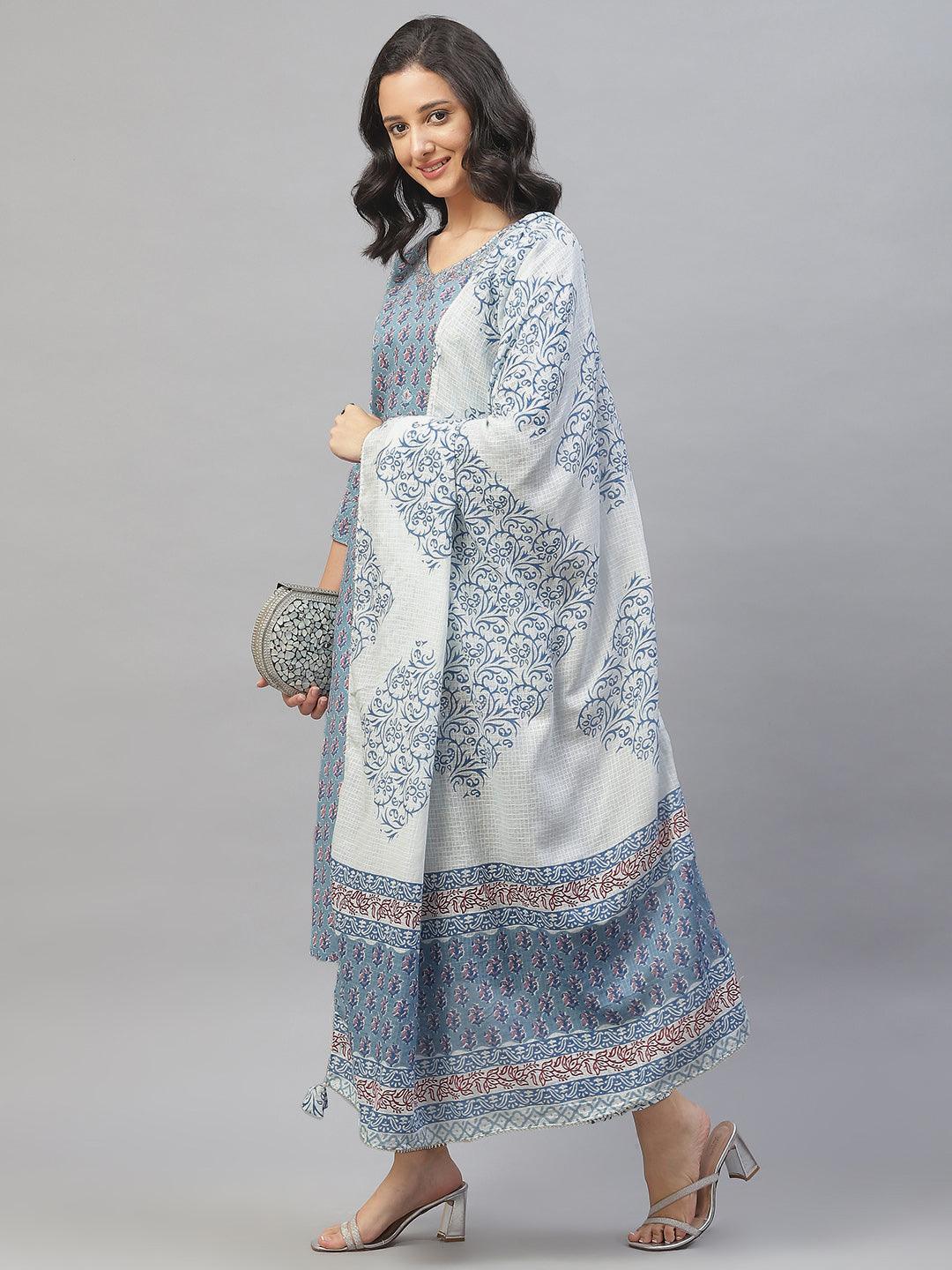 Turquoise Blue Cotton Floral Printed Kurta Pant Set With Dupatta | LASVINI - Redefining Indian Fashion with Elegance