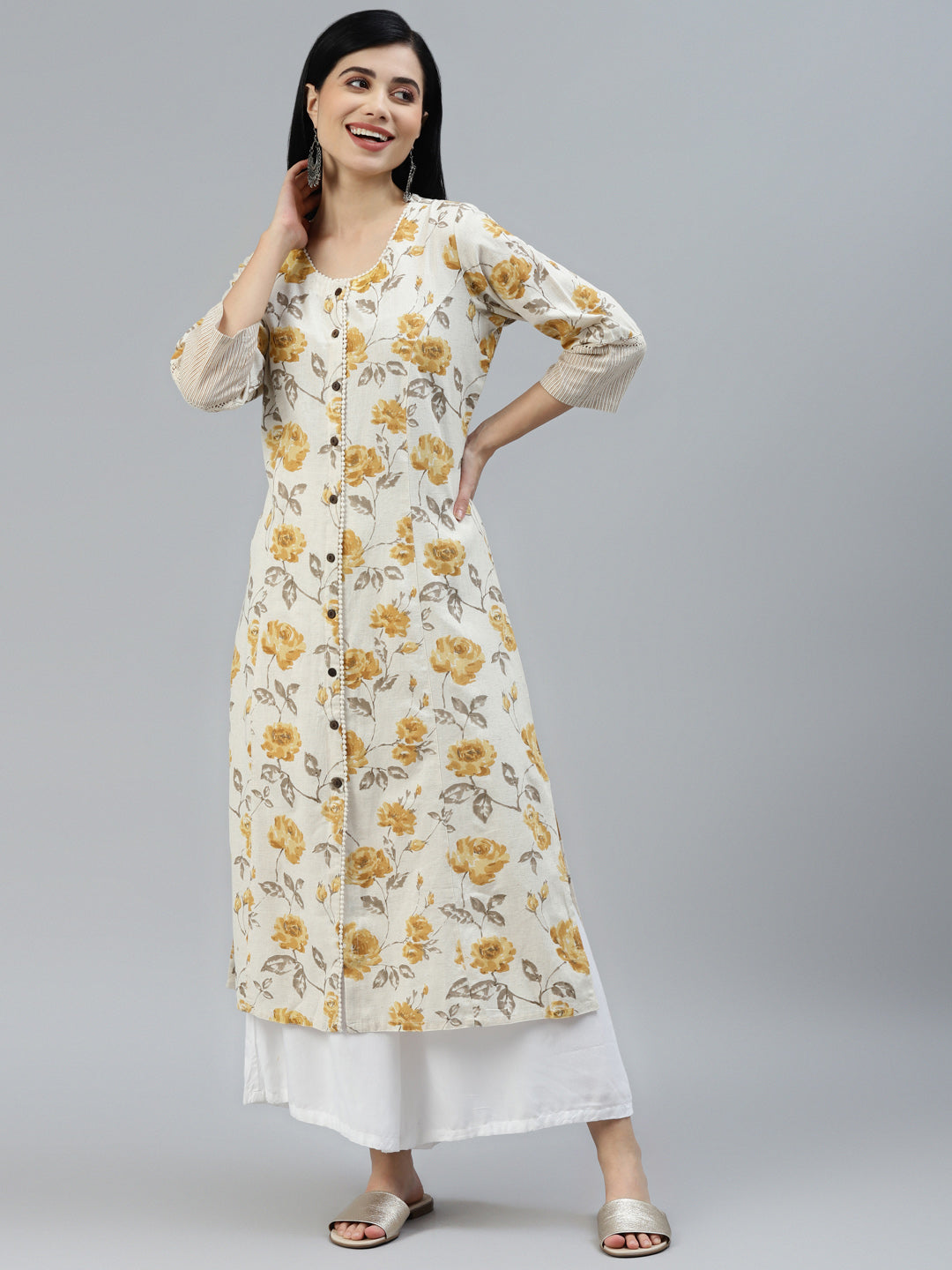 Floral Print Yellow Cotton A-Line Kurta | LASVINI - Redefining Indian Fashion with Elegance