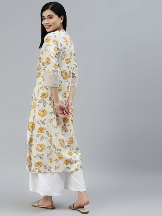 Floral Print Yellow Cotton A-Line Kurta | LASVINI - Redefining Indian Fashion with Elegance