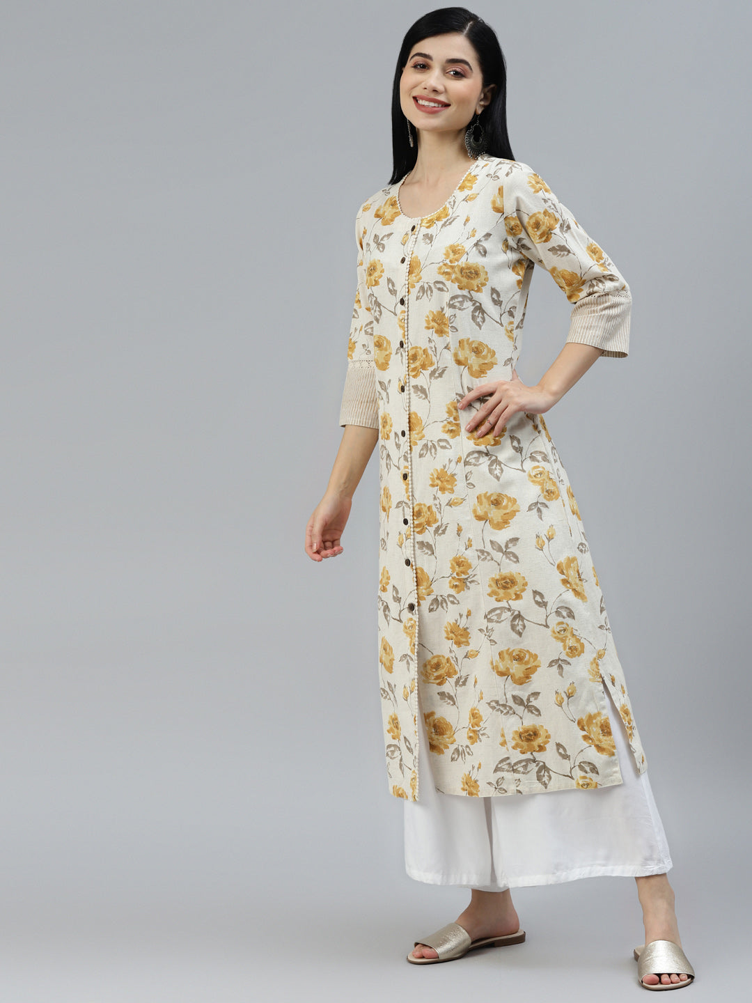 Floral Print Yellow Cotton A-Line Kurta | LASVINI - Redefining Indian Fashion with Elegance
