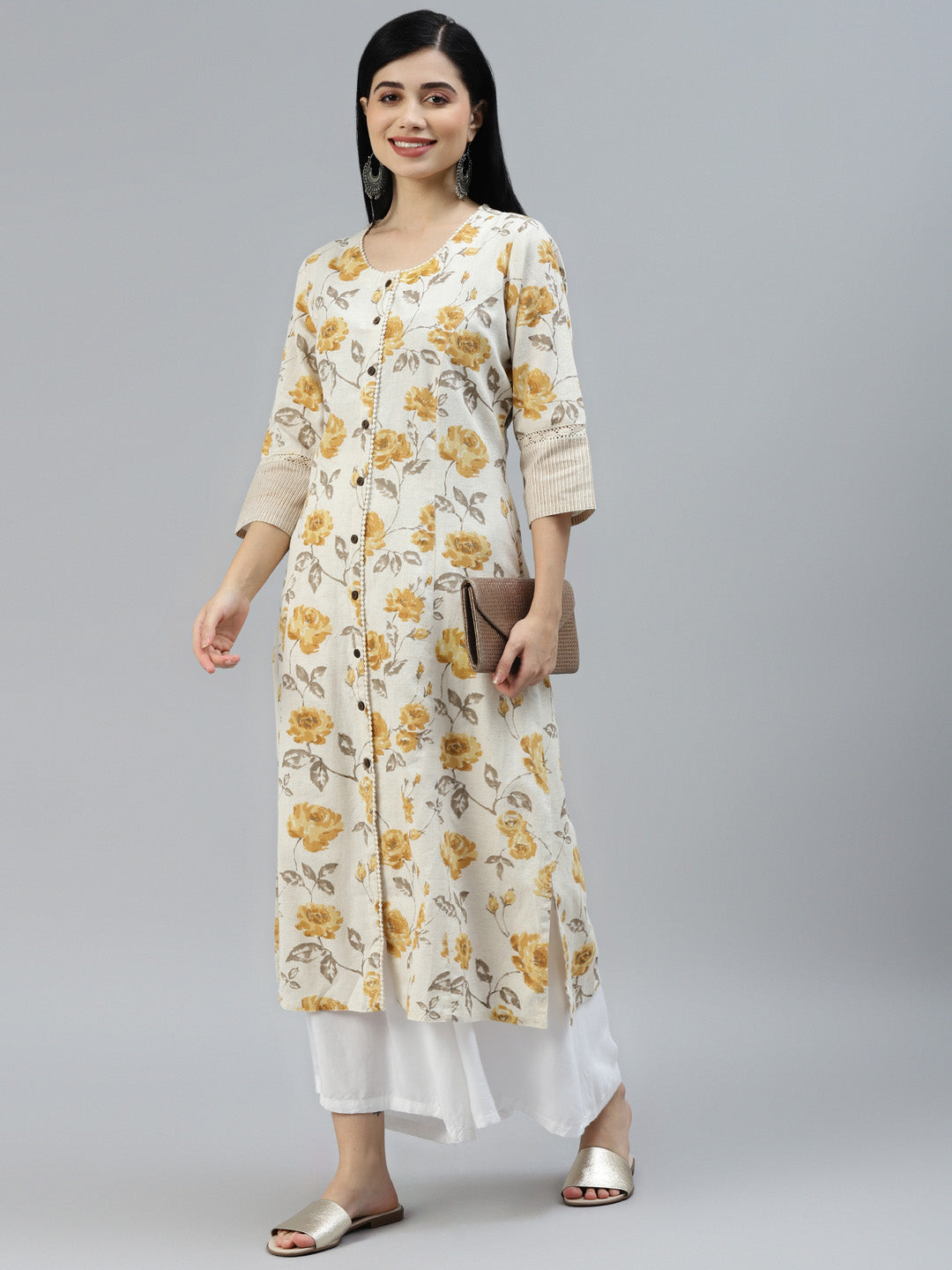 Floral Print Yellow Cotton A-Line Kurta | LASVINI - Redefining Indian Fashion with Elegance