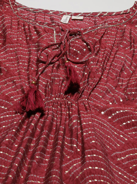 Women'S Maroon Rayon Bandhej Kaftan Pant Set | LASVINI - Redefining Indian Fashion with Elegance