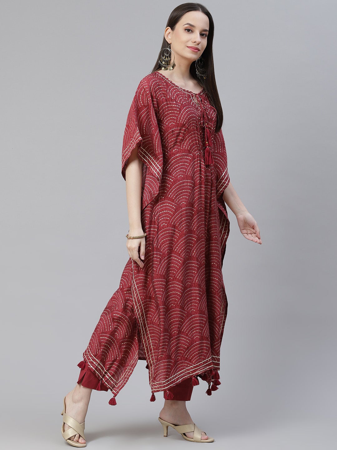 Women'S Maroon Rayon Bandhej Kaftan Pant Set | LASVINI - Redefining Indian Fashion with Elegance