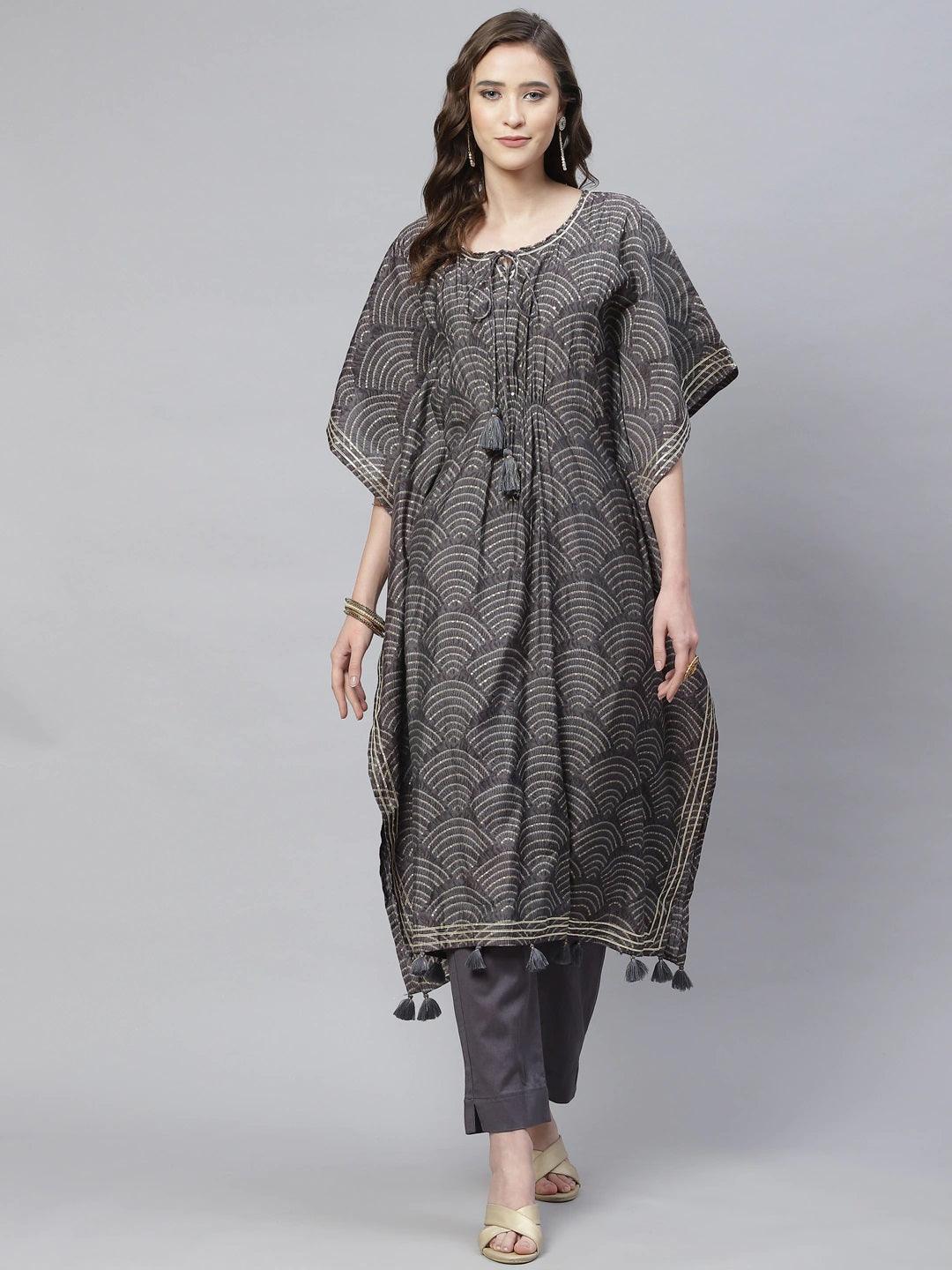 Grey Modal Bandhej Kaftan Pant Set | LASVINI - Redefining Indian Fashion with Elegance