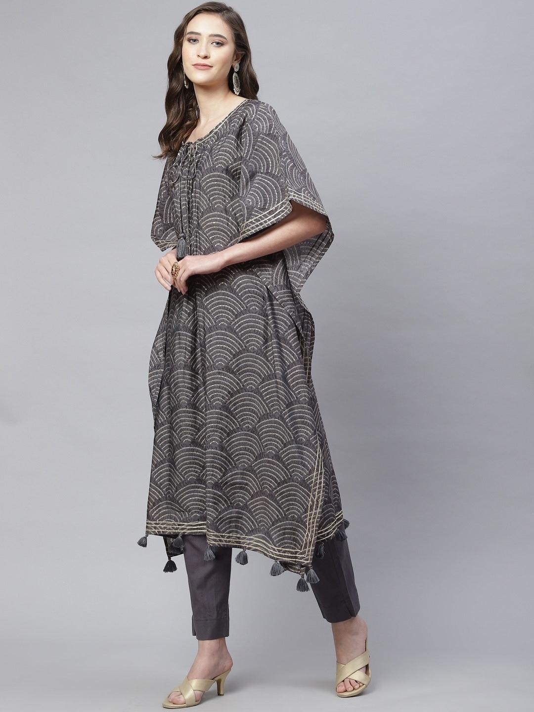 Grey Modal Bandhej Kaftan Pant Set | LASVINI - Redefining Indian Fashion with Elegance