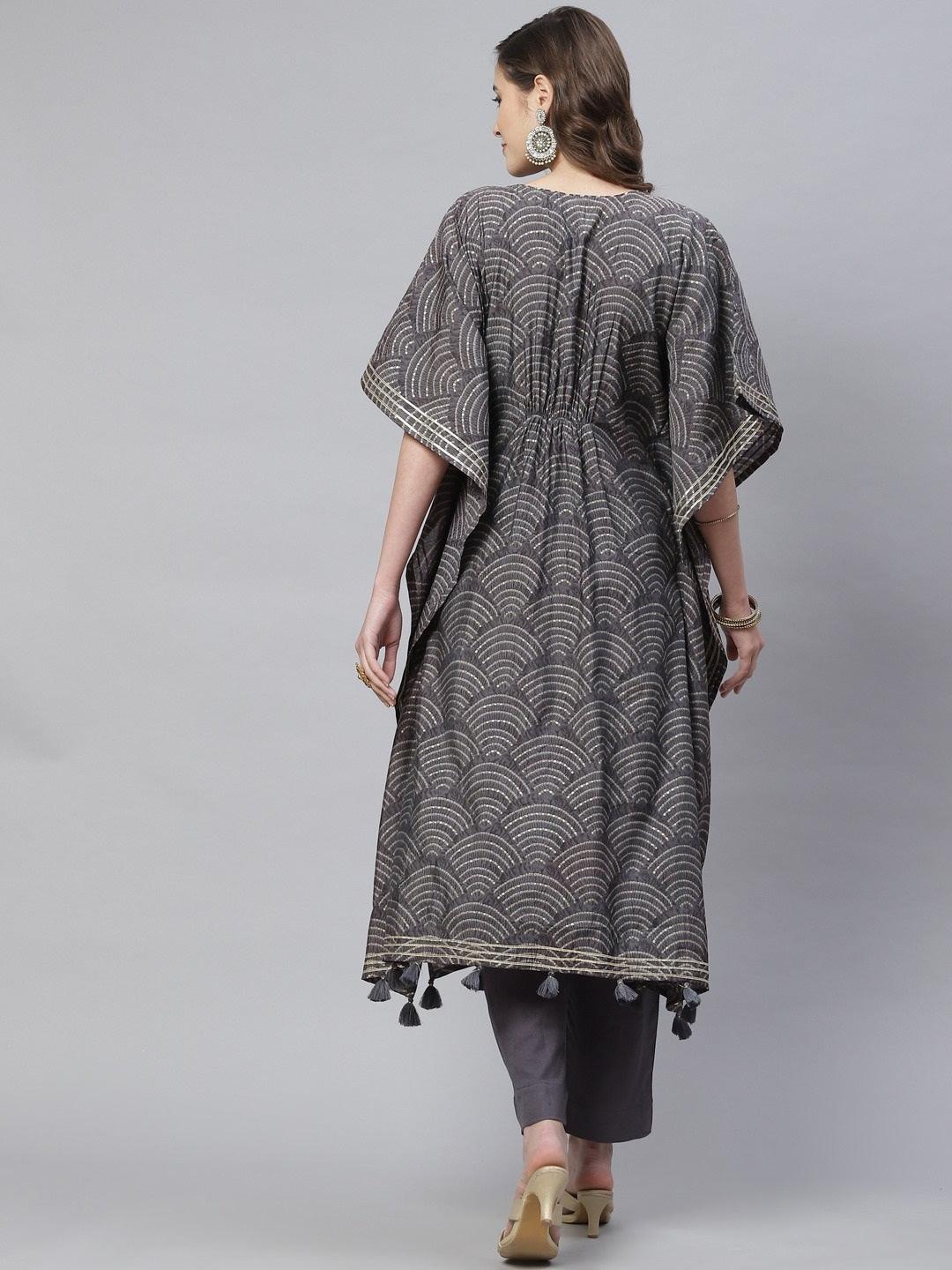 Grey Modal Bandhej Kaftan Pant Set | LASVINI - Redefining Indian Fashion with Elegance
