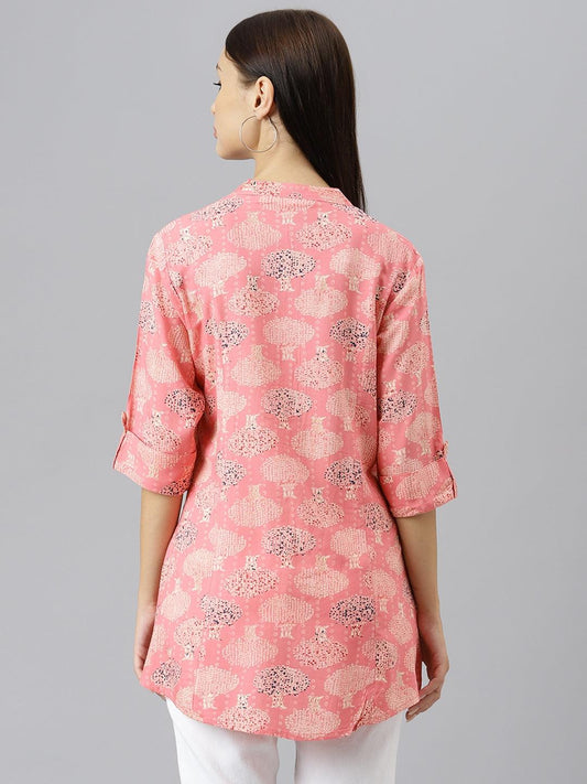 Peach Floral Rayon A-Line Shirts Style Top | LASVINI - Redefining Indian Fashion with Elegance