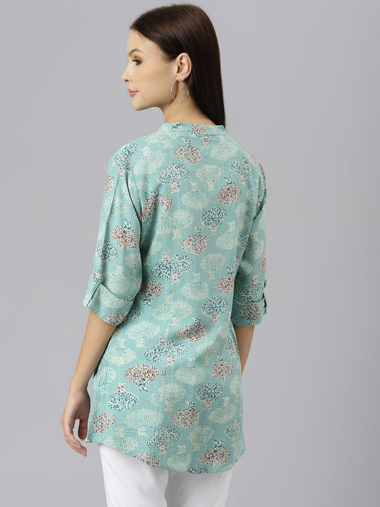 Sea Green Floral Rayon A-Line Shirts Style Top | LASVINI - Redefining Indian Fashion with Elegance