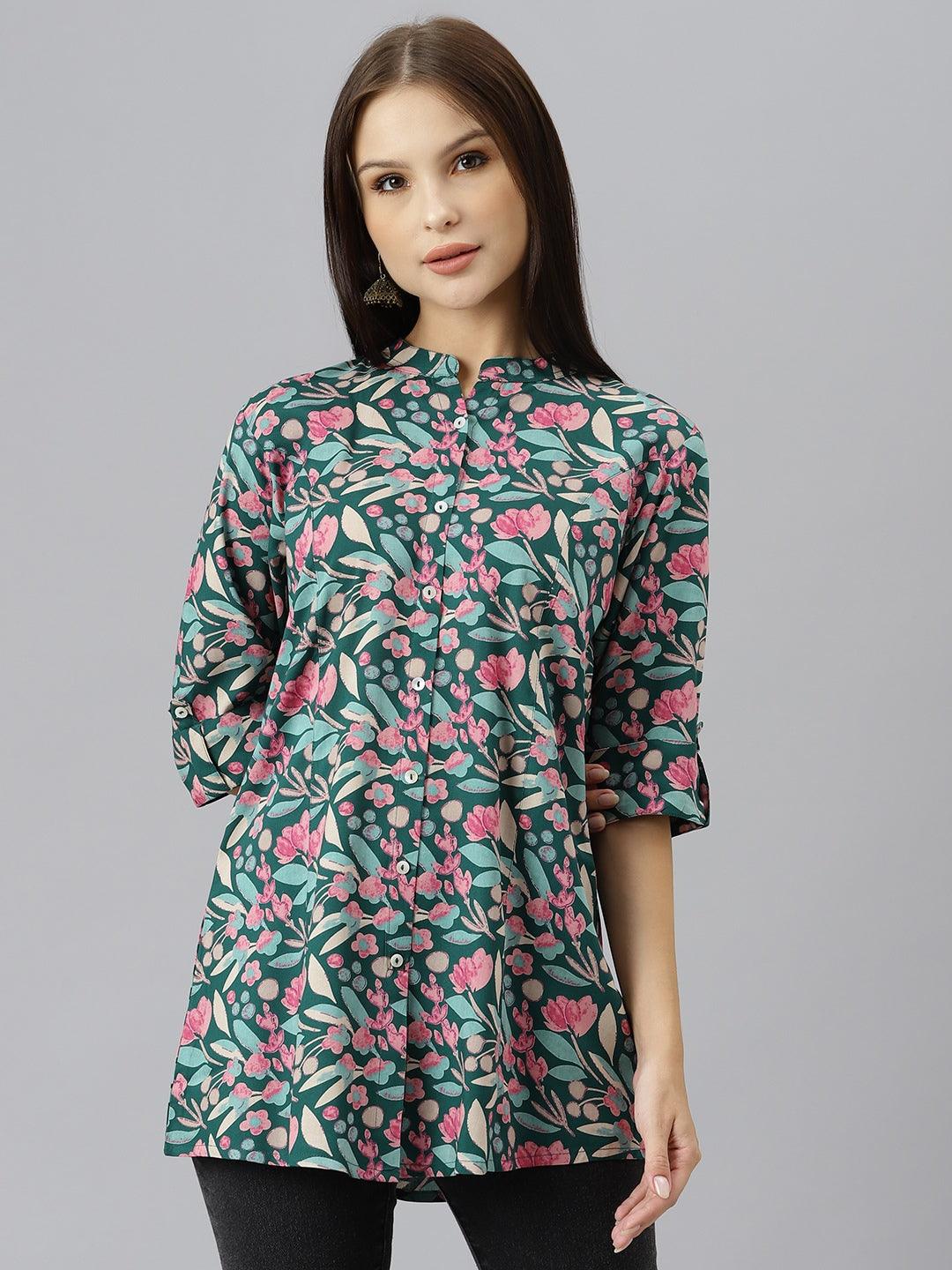 Dark Green Floral Rayon A-Line Shirts Style Top | LASVINI - Redefining Indian Fashion with Elegance