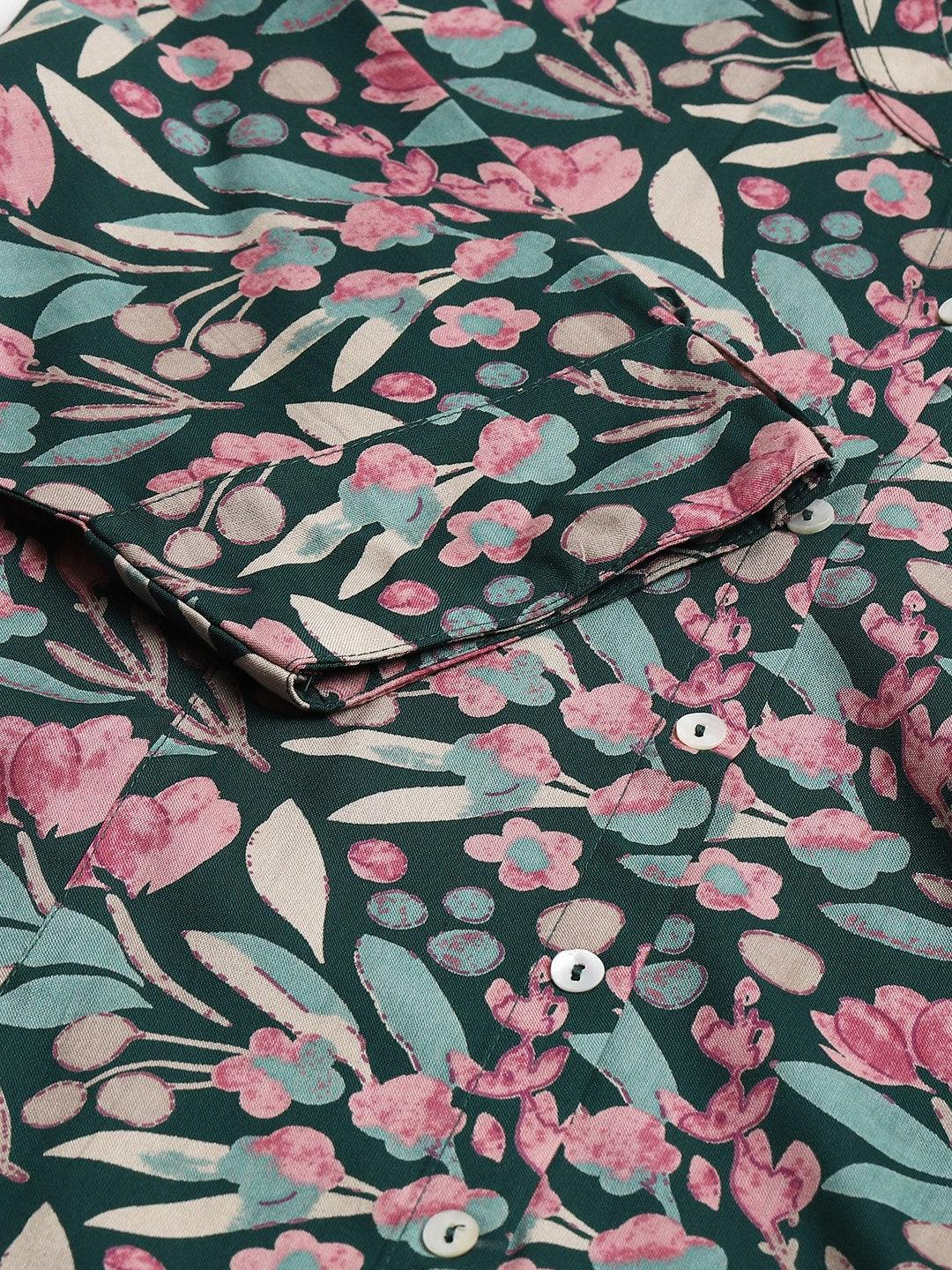 Dark Green Floral Rayon A-Line Shirts Style Top | LASVINI - Redefining Indian Fashion with Elegance