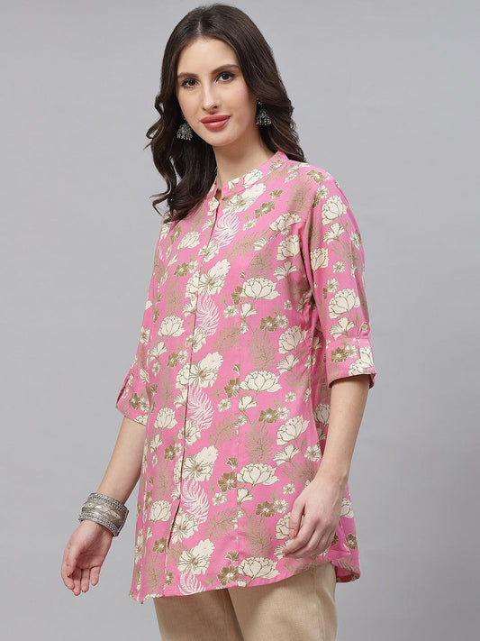 Light Pink Floral Rayon A-Line Top | LASVINI - Redefining Indian Fashion with Elegance