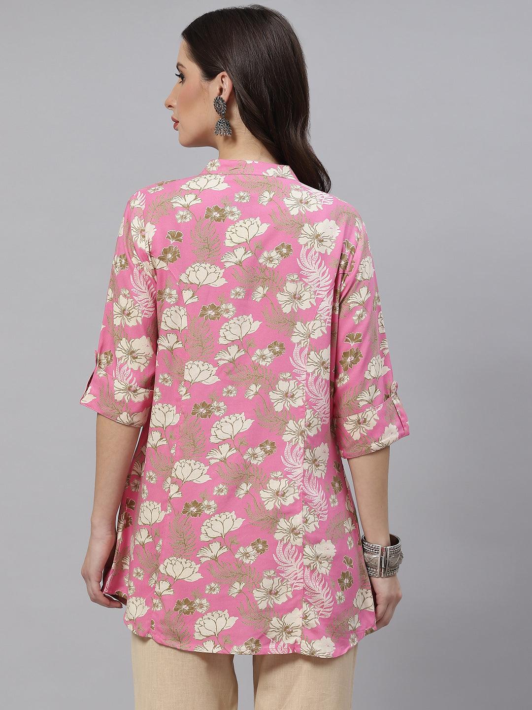 Light Pink Floral Rayon A-Line Top | LASVINI - Redefining Indian Fashion with Elegance