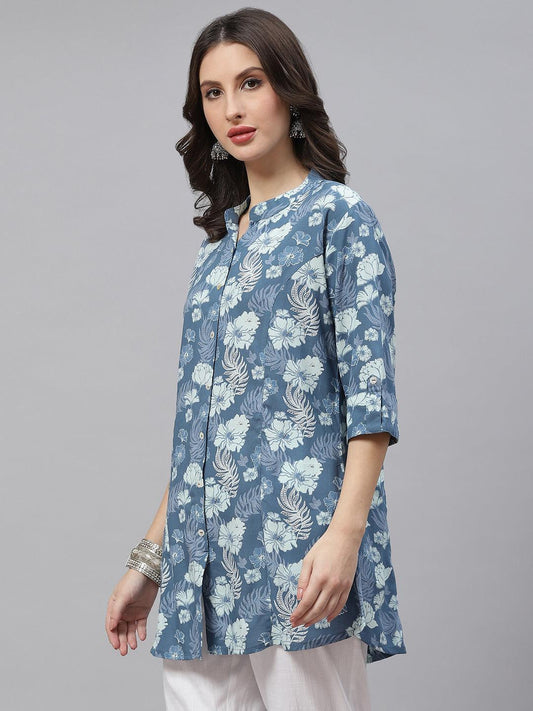 Blue Floral Rayon A-Linetop | LASVINI - Redefining Indian Fashion with Elegance