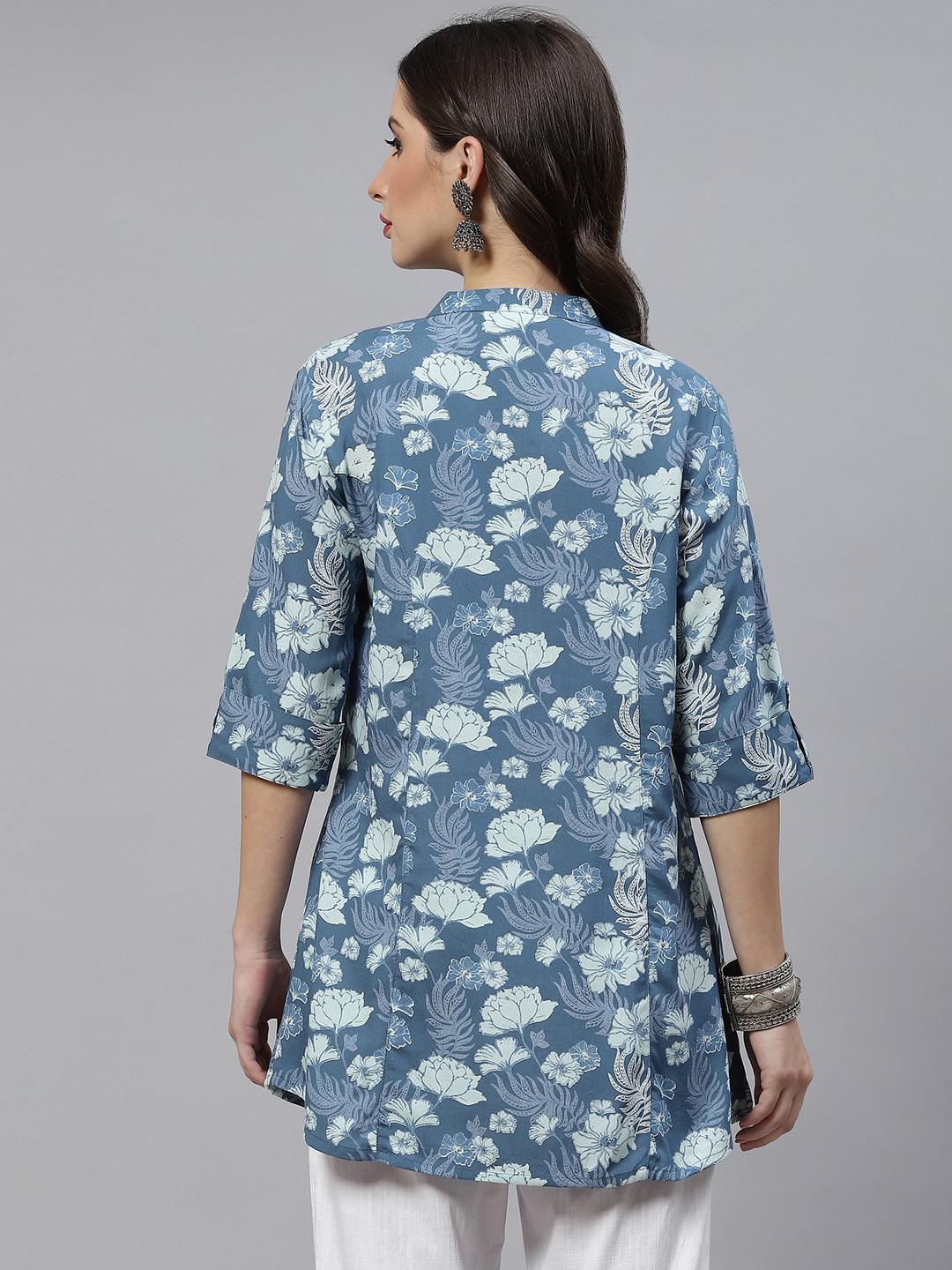 Blue Floral Rayon A-Linetop | LASVINI - Redefining Indian Fashion with Elegance