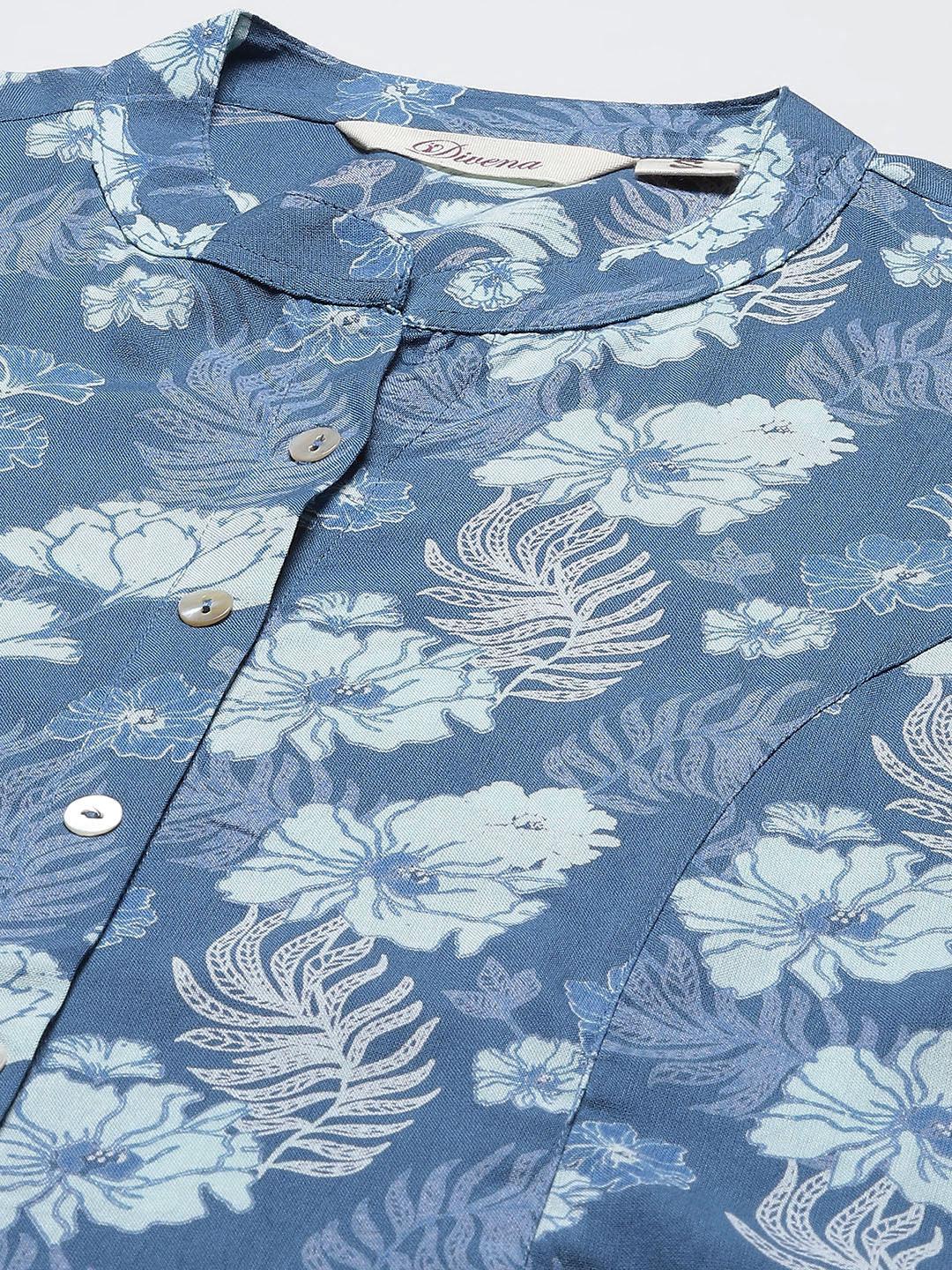 Blue Floral Rayon A-Linetop | LASVINI - Redefining Indian Fashion with Elegance