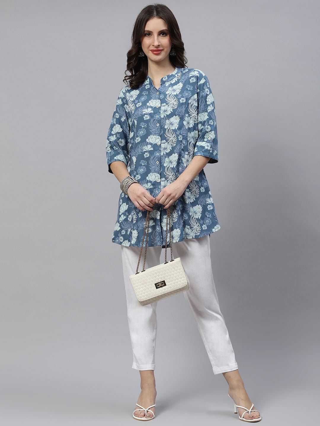 Blue Floral Rayon A-Linetop | LASVINI - Redefining Indian Fashion with Elegance