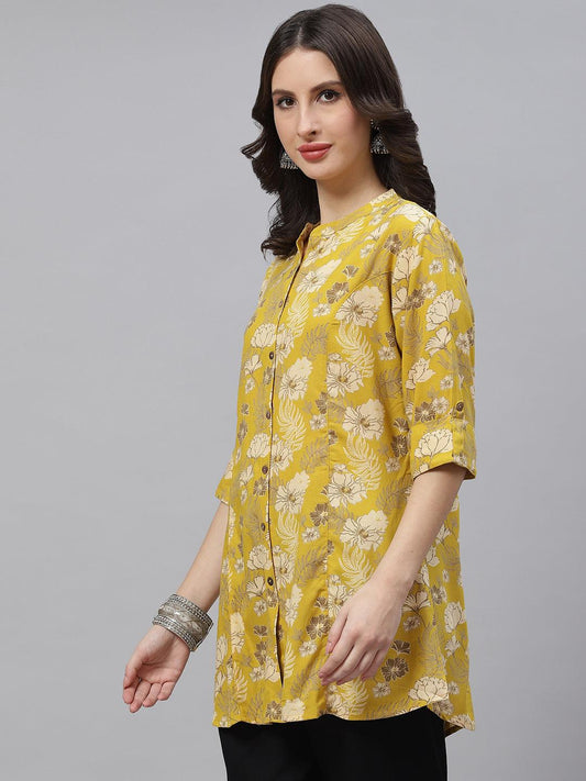 Mustard Floral Rayon A-Linetop | LASVINI - Redefining Indian Fashion with Elegance