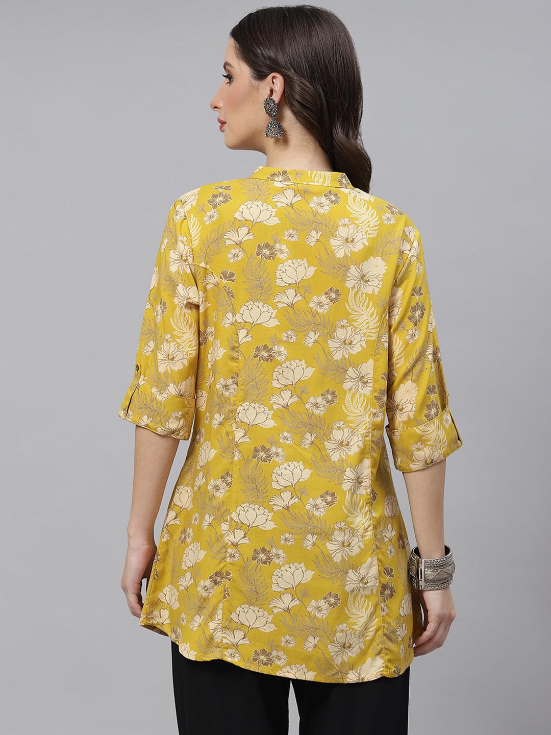Mustard Floral Rayon A-Linetop | LASVINI - Redefining Indian Fashion with Elegance
