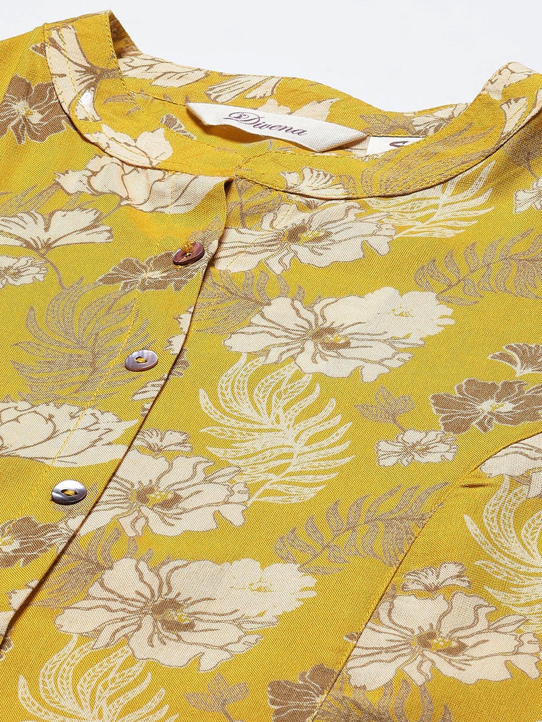 Mustard Floral Rayon A-Linetop | LASVINI - Redefining Indian Fashion with Elegance