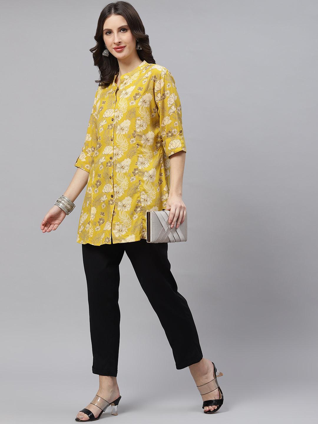 Mustard Floral Rayon A-Linetop | LASVINI - Redefining Indian Fashion with Elegance