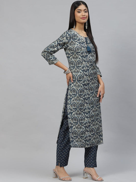 Blue Ethnic Motif Muslin Straight Kurta Pant Set With Dupatta | LASVINI - Redefining Indian Fashion with Elegance