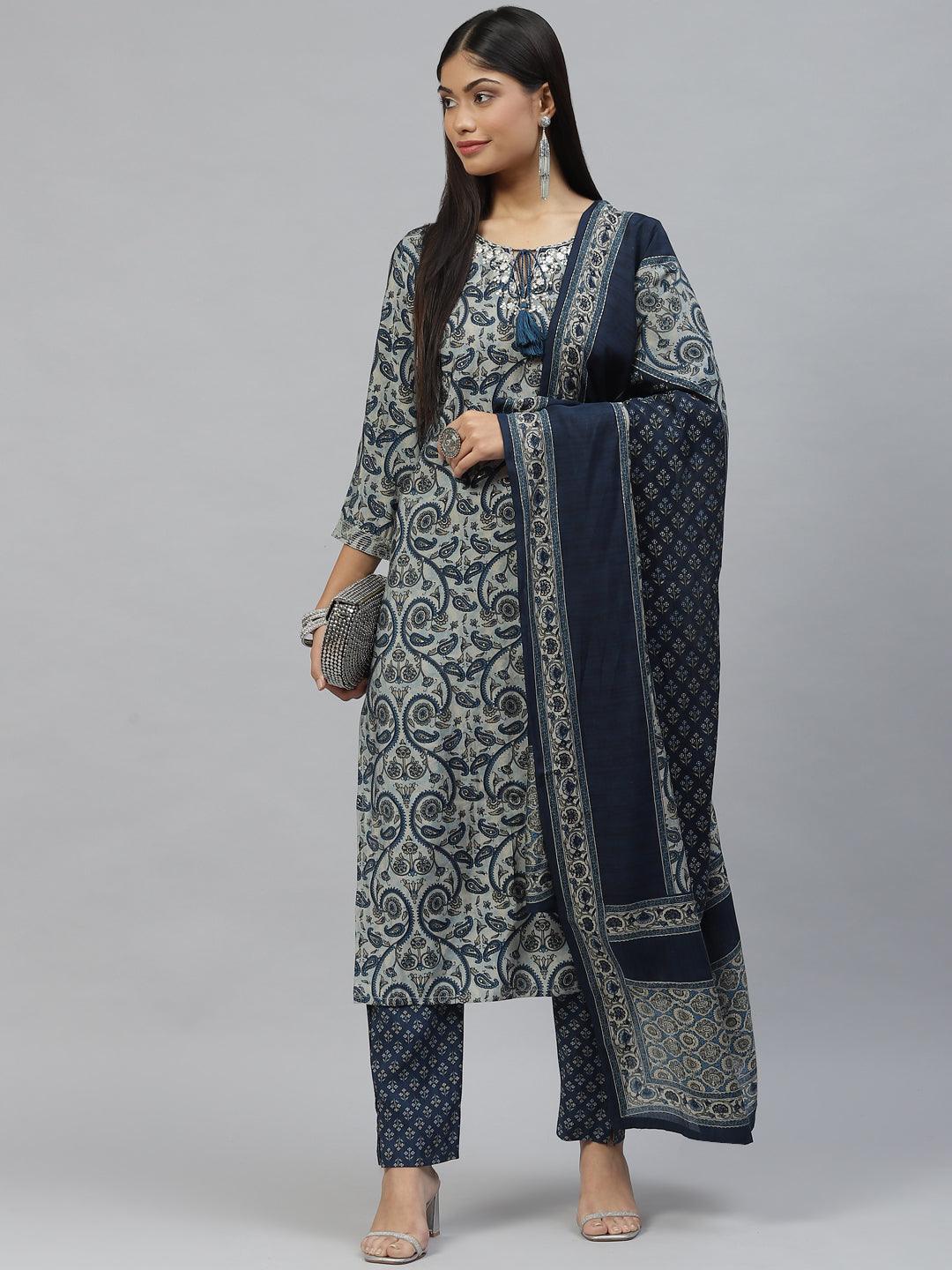 Blue Ethnic Motif Muslin Straight Kurta Pant Set With Dupatta | LASVINI - Redefining Indian Fashion with Elegance