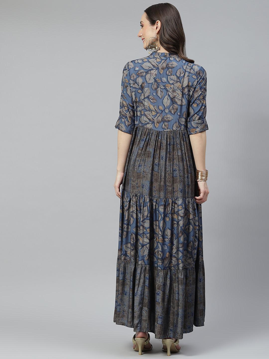 Blue Muslin Tiered With Gathered Kurta With Front Slits | LASVINI - Redefining Indian Fashion with Elegance