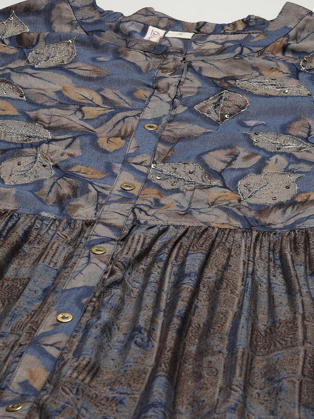 Blue Muslin Tiered With Gathered Kurta With Front Slits | LASVINI - Redefining Indian Fashion with Elegance