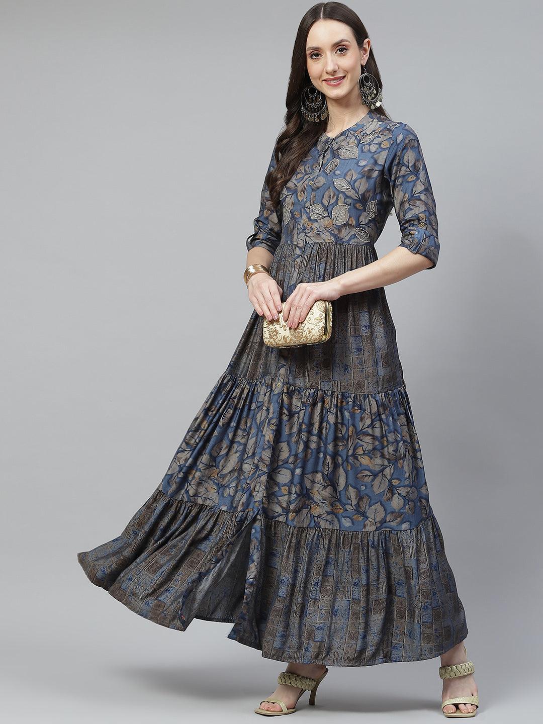 Blue Muslin Tiered With Gathered Kurta With Front Slits | LASVINI - Redefining Indian Fashion with Elegance