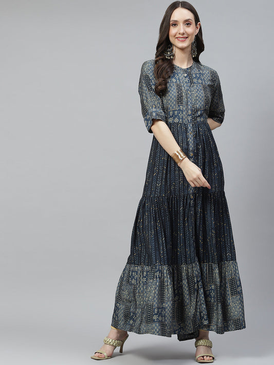 Women Blue Muslin Tiered With Gathered Kurta | LASVINI - Redefining Indian Fashion with Elegance