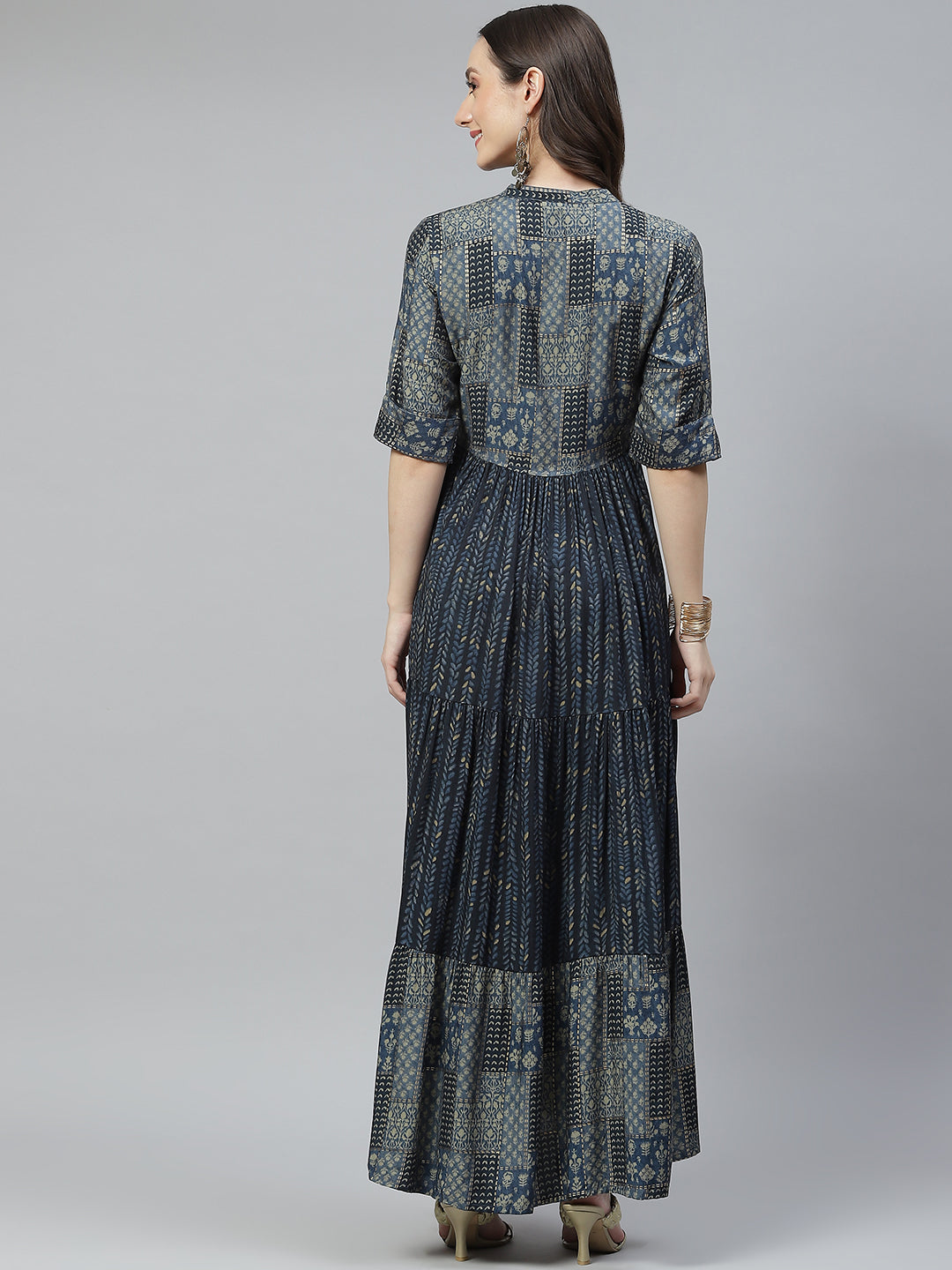 Women Blue Muslin Tiered With Gathered Kurta | LASVINI - Redefining Indian Fashion with Elegance