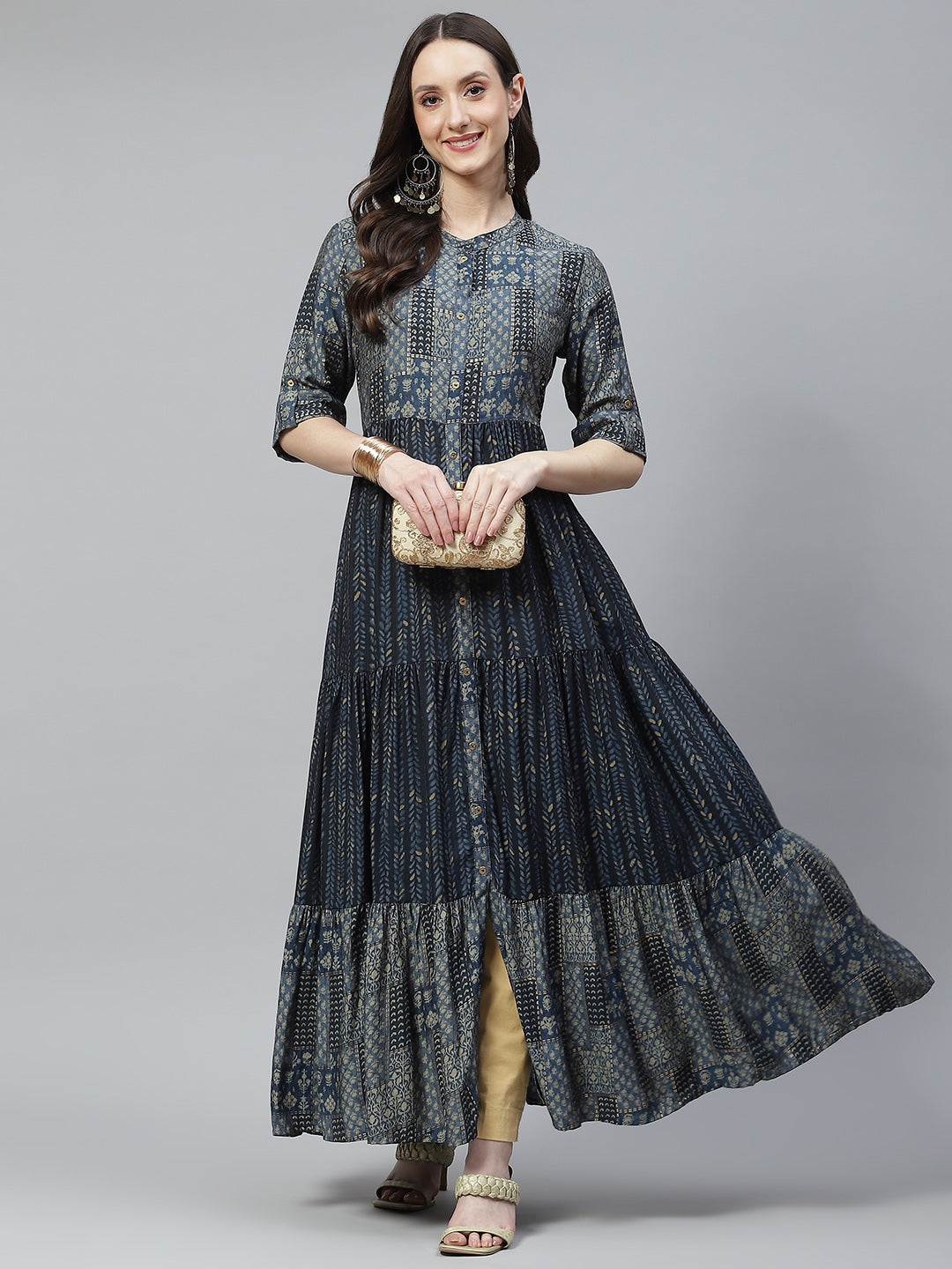Women Blue Muslin Tiered With Gathered Kurta | LASVINI - Redefining Indian Fashion with Elegance