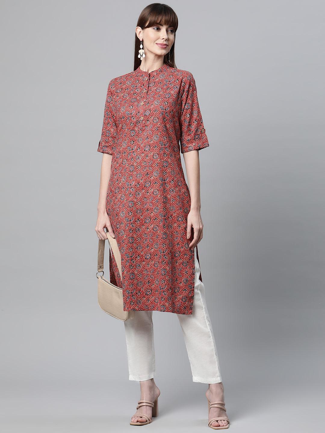 Red And Blue Cotton Straight Kurta | LASVINI - Redefining Indian Fashion with Elegance
