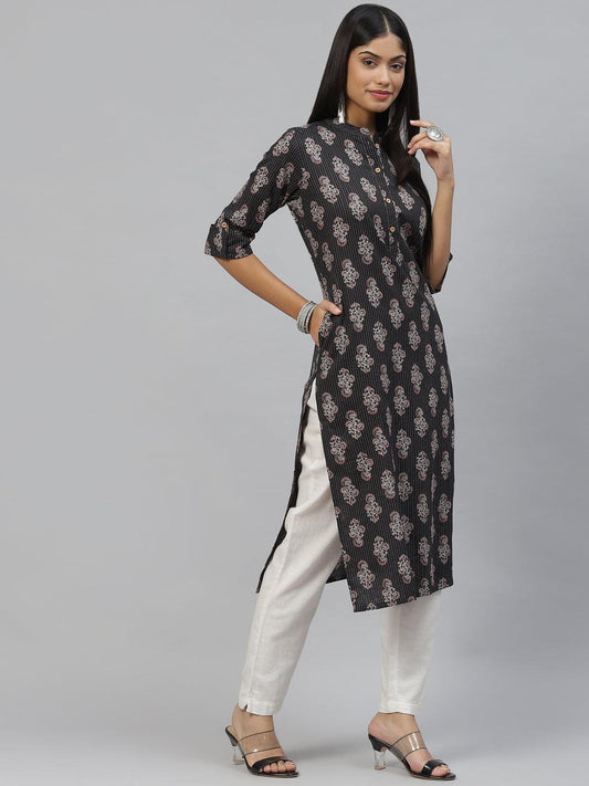 Black And Grey Cotton Straight Kurta | LASVINI - Redefining Indian Fashion with Elegance