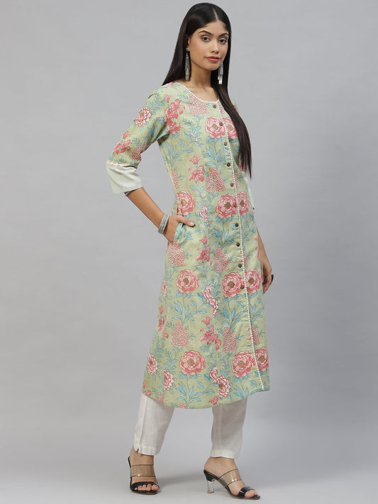 Women Olive Floral Cotton Flex A-Line Kurta | LASVINI - Redefining Indian Fashion with Elegance