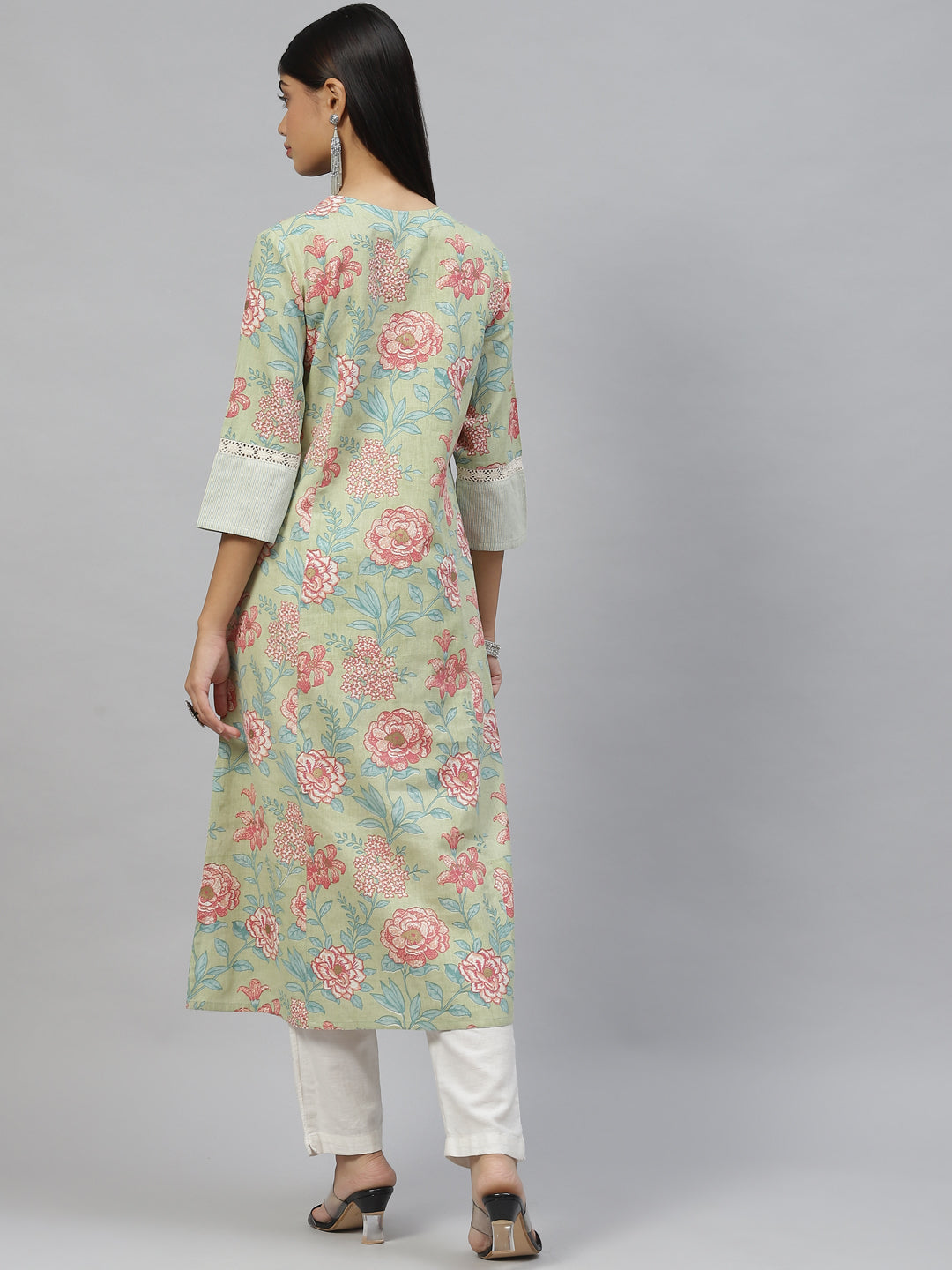 Women Olive Floral Cotton Flex A-Line Kurta | LASVINI - Redefining Indian Fashion with Elegance