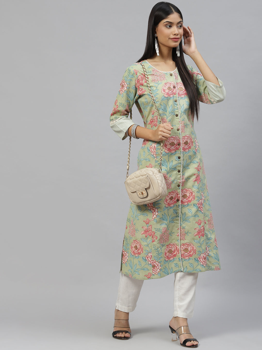 Women Olive Floral Cotton Flex A-Line Kurta | LASVINI - Redefining Indian Fashion with Elegance