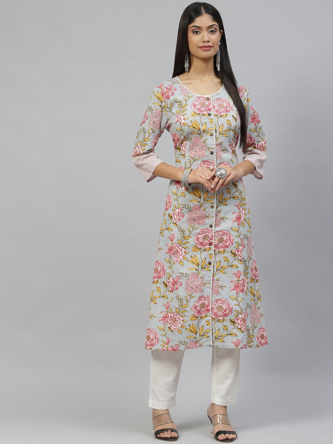 Women Sky Blue Floral Cotton Flex A-Line Kurta | LASVINI - Redefining Indian Fashion with Elegance