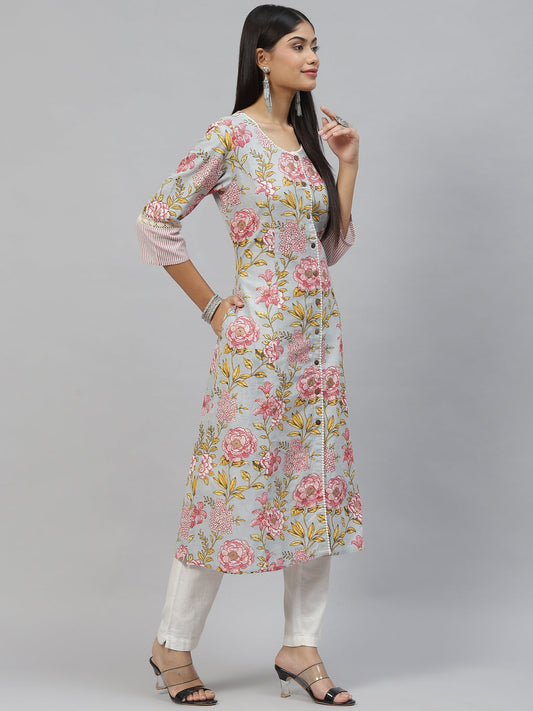 Women Sky Blue Floral Cotton Flex A-Line Kurta | LASVINI - Redefining Indian Fashion with Elegance