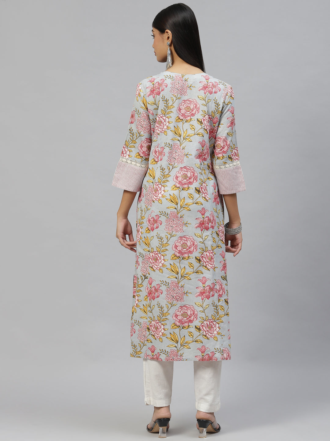 Women Sky Blue Floral Cotton Flex A-Line Kurta | LASVINI - Redefining Indian Fashion with Elegance