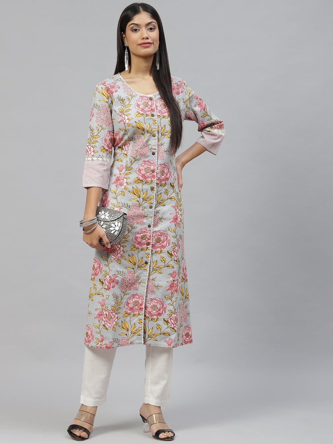 Women Sky Blue Floral Cotton Flex A-Line Kurta | LASVINI - Redefining Indian Fashion with Elegance