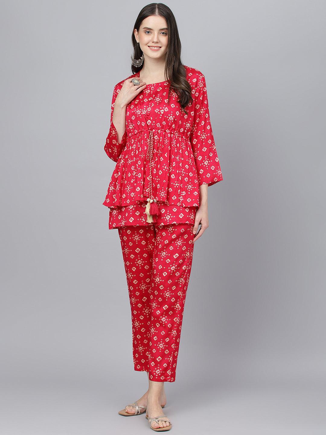 Bandhani Magenta Muslin Three Piece Top Pant Set With Peplum Jacket | LASVINI - Redefining Indian Fashion with Elegance