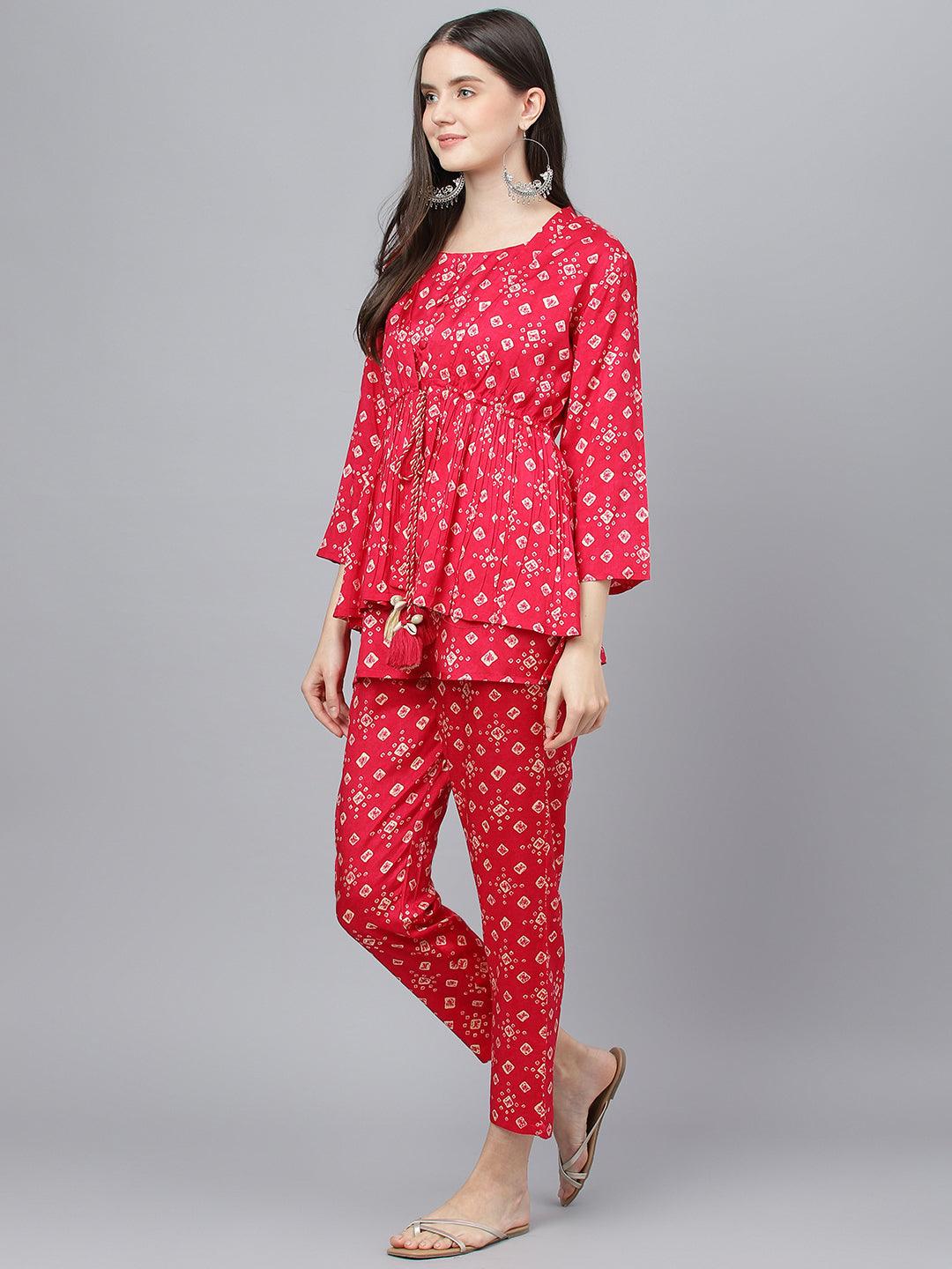 Bandhani Magenta Muslin Three Piece Top Pant Set With Peplum Jacket | LASVINI - Redefining Indian Fashion with Elegance