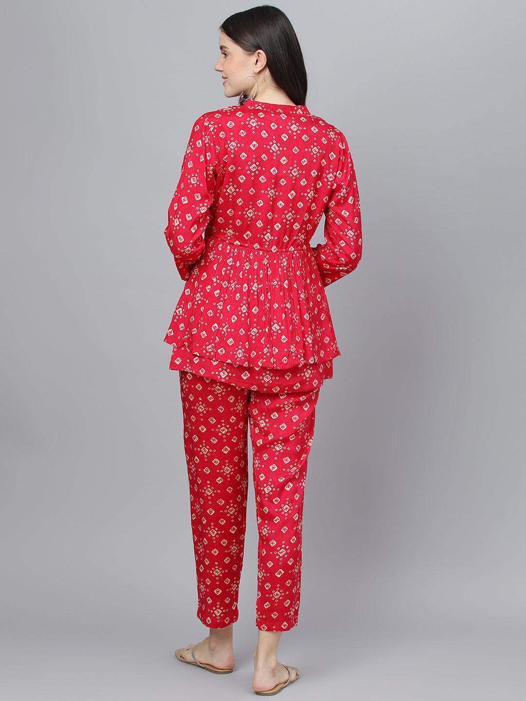 Bandhani Magenta Muslin Three Piece Top Pant Set With Peplum Jacket | LASVINI - Redefining Indian Fashion with Elegance