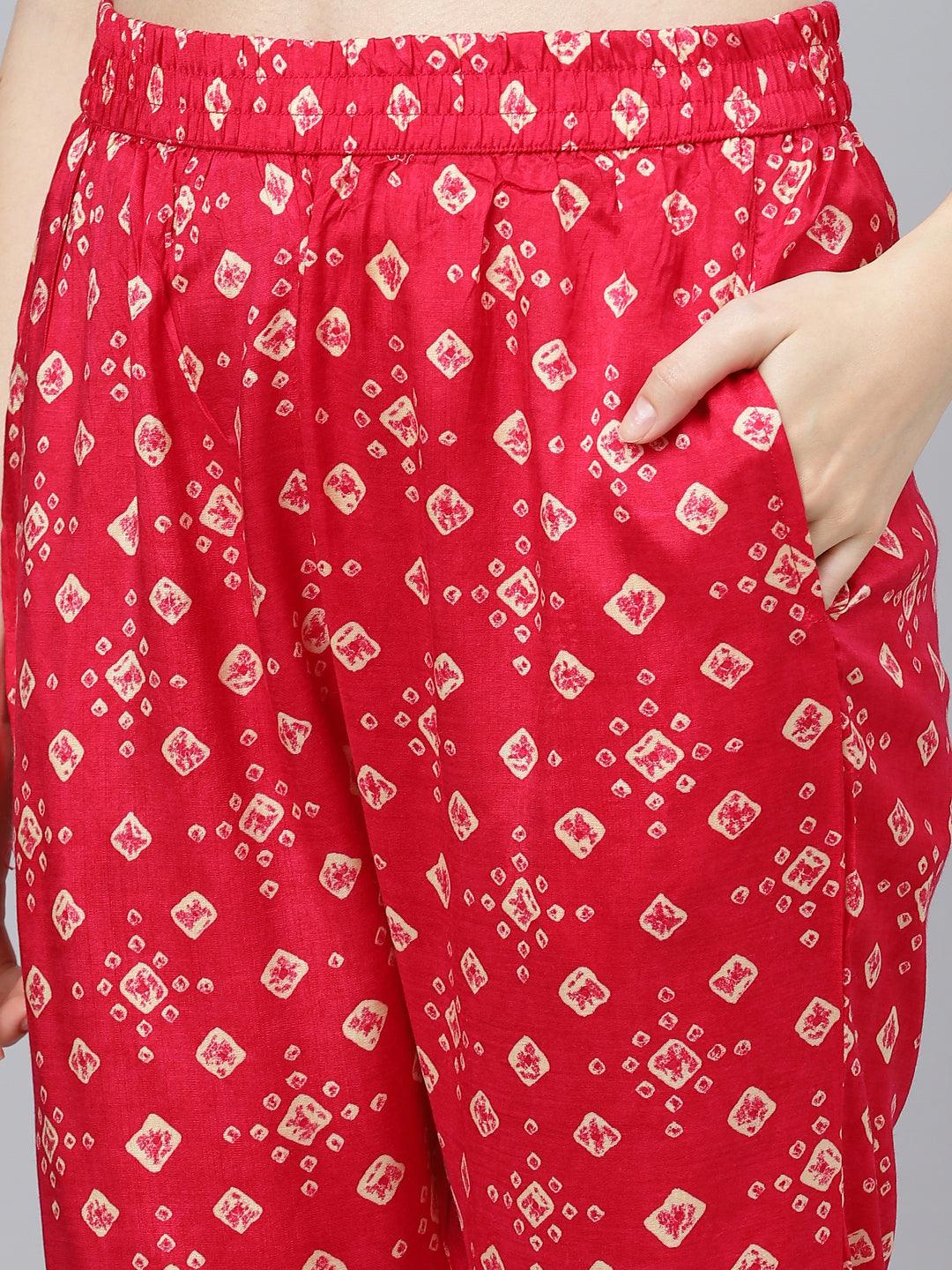 Bandhani Magenta Muslin Three Piece Top Pant Set With Peplum Jacket | LASVINI - Redefining Indian Fashion with Elegance