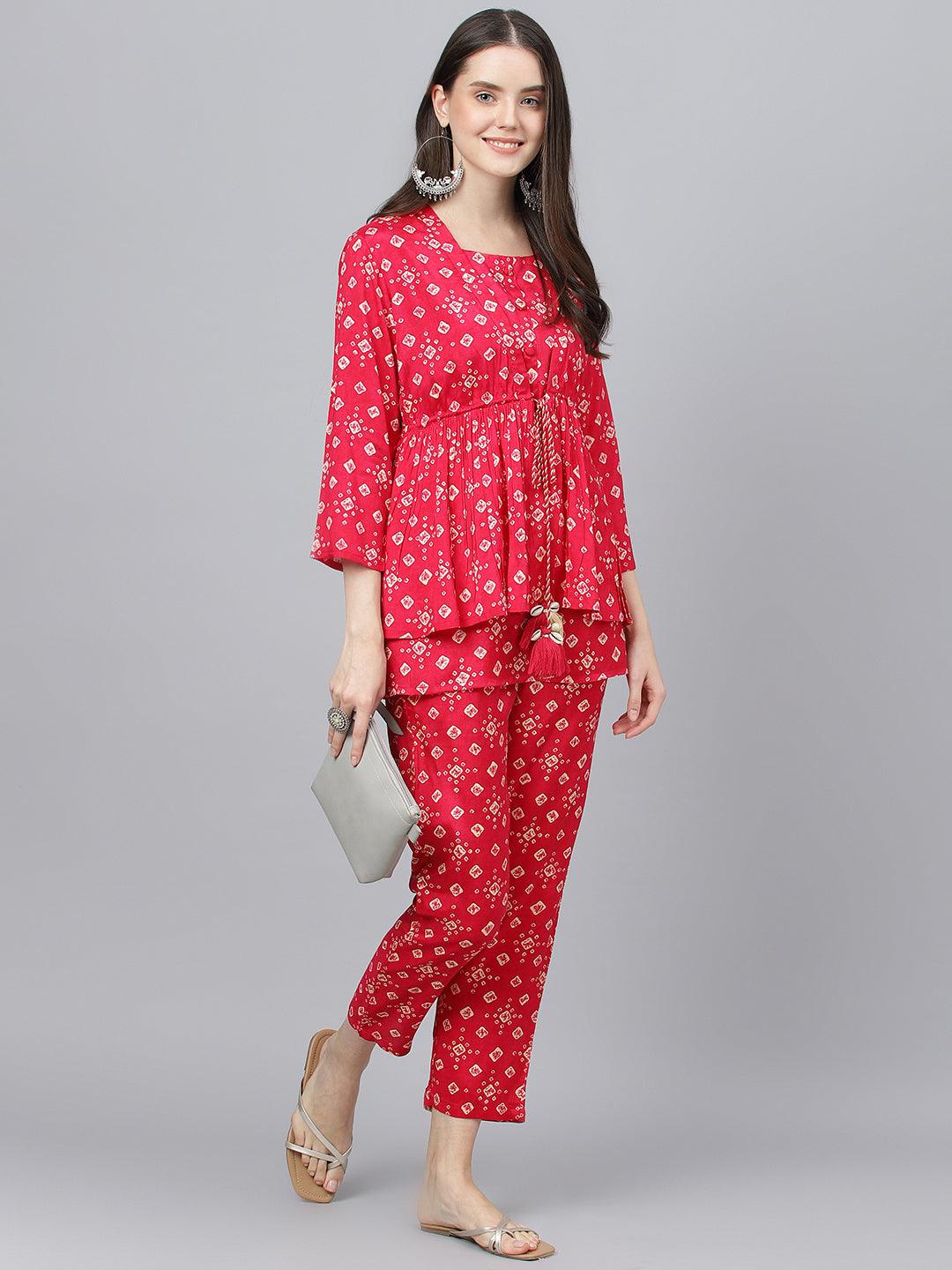 Bandhani Magenta Muslin Three Piece Top Pant Set With Peplum Jacket | LASVINI - Redefining Indian Fashion with Elegance